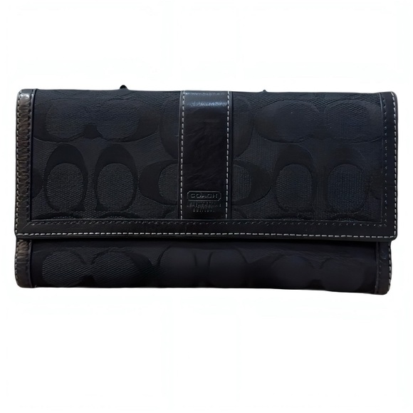 Coach Black Jacquard Signature C Logo Trifold Wallet Organizer Large Designer - Picture 1 of 5